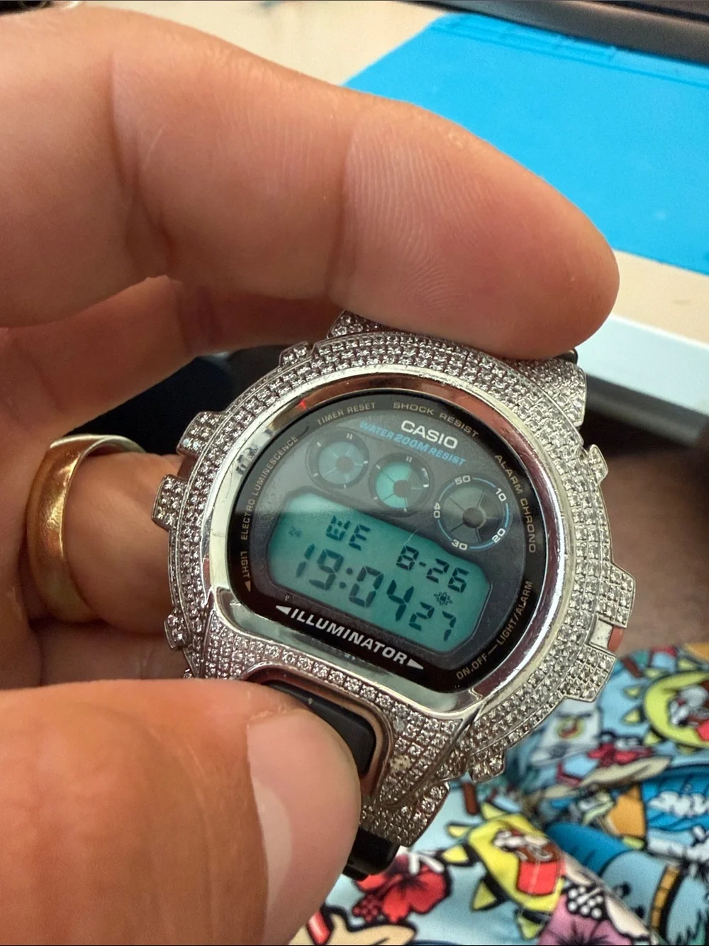 Casio Digital Illuminator Watch with Silver Crystal Bezel and Black Strap